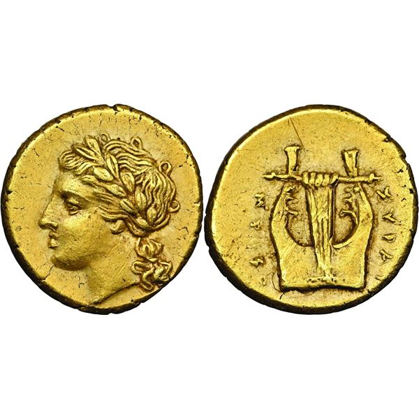 Agathoclès 317-289 avant J.C.  25 Litrai, quart de statère, frappé vers 310-306 avant J.C.,  electru