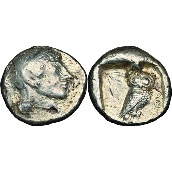 Athènes  Période Archaïque, Tétradrachme, vers 500-485 av. J.C.,  AG 17.23 g.  Avers : Tête casquée 