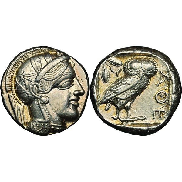 ATTIQUE Athènes Tétradrachme, 454-404 av. J.C., AG 17.18 g.  Avers : Tête d'Athéna avec un casque or