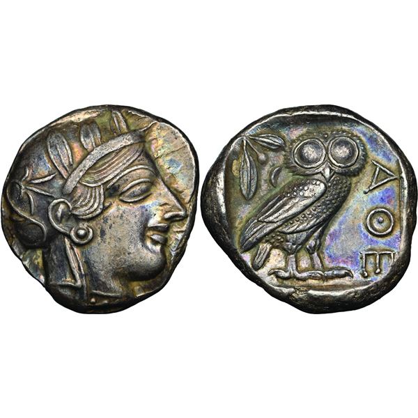 ATTIQUE Athènes Tétradrachme, vers 454-404 av. J.C., AG 17.21 g.  Avers : Tête casquée d'Athéna à dr