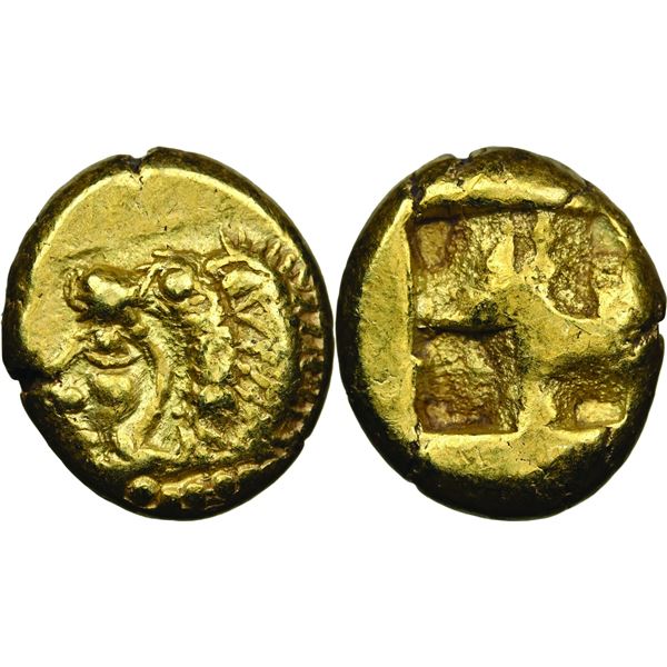 Erythrai EL Hekte, vers 550-500 av. J.C., electrum 2.58 g.  Avers : Tête d'Héraclès à gauche, portan