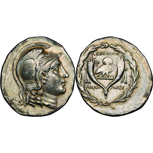 Lebedos Tétradrachme, Magistrat Anaxipolis, 160-140, AG 16.54 g.  Avers  : Tête casquée d'Athéna à d