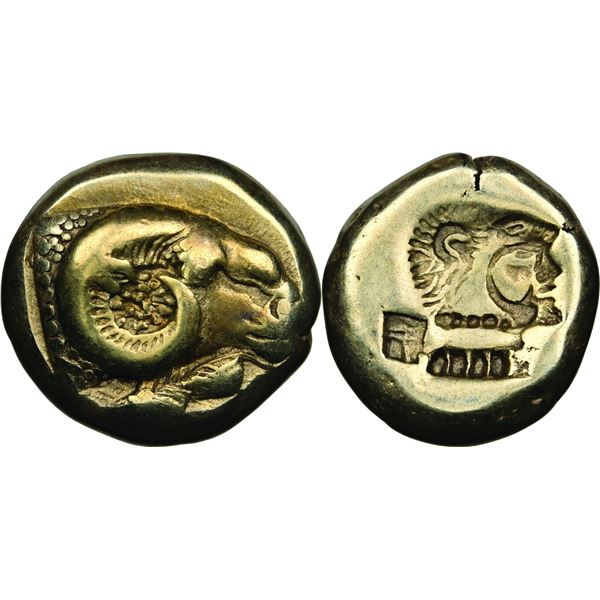 Mytilène EL Hekte, vers 521-478 av. J.C., electrum 2.50 g.  Avers : Tête de bélier à droite; en dess