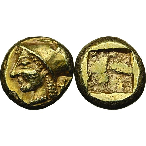 EL Hekte, vers 521-478 av. J.C., electrum 2.57 g. Avers : Tête d'Athéna à droite, portant un casque 