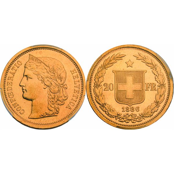 Switzerland, 20 Francs, Berne, 1886, AU 6.45 g. Ref : Fr. 495, KM#31.3 Grading : PCGS MS 63 Conserva