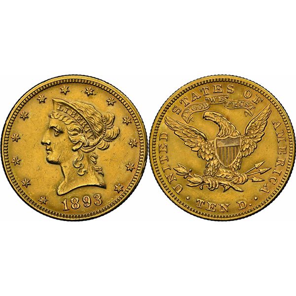 10 Dollars, Philadelphia, 1893, AU 16.72 g. Ref : Fr.158, KM#102 Grading : NGC UNC DETAILS Conservat