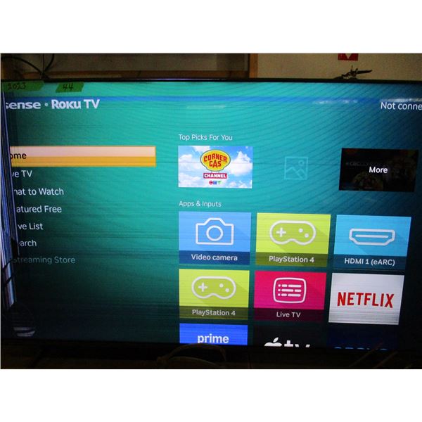 UNCLAIMED STORAGE:  HISENSE 55" TV (WORKING - LINE ON LEFT OF SCREEN) (SOLD AS IS)