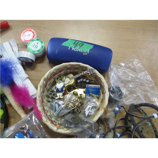 BOX C/W PINS, KEY HOOKS, SUNGLASSES, ETC