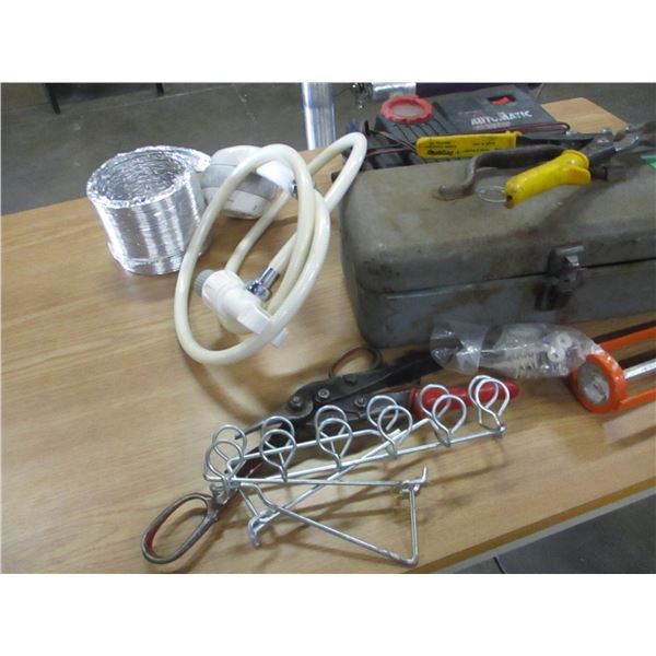 METAL BOX, OLD CHARGER, ASSORTED MISC