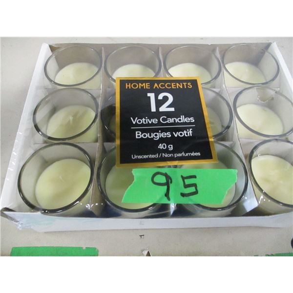 SHELF PULLS (AS IS):  UNSCENTED VOTIVE CANDLES (12) - BOX