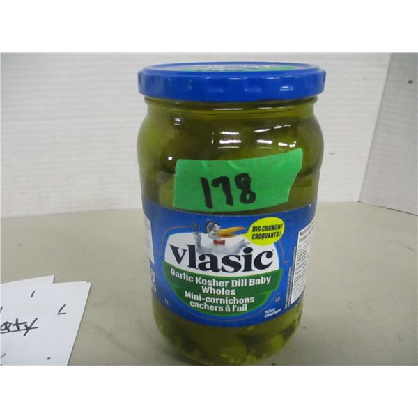 SHELF PULLS (AS IS):  VLASSIC KOSHER BABY GARLIC WHOLE BIG CRUNCH PICKLES (1 L) - JAR