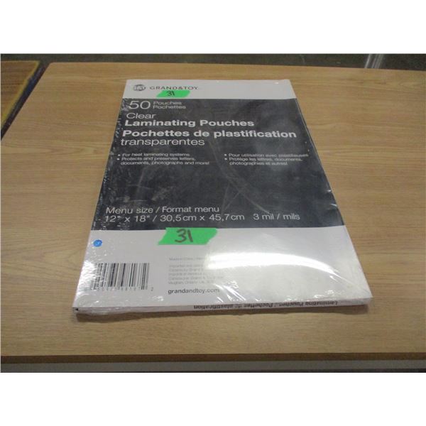 NEW:  50 CLEAR LAMINATING POUCHES (12" X 18"