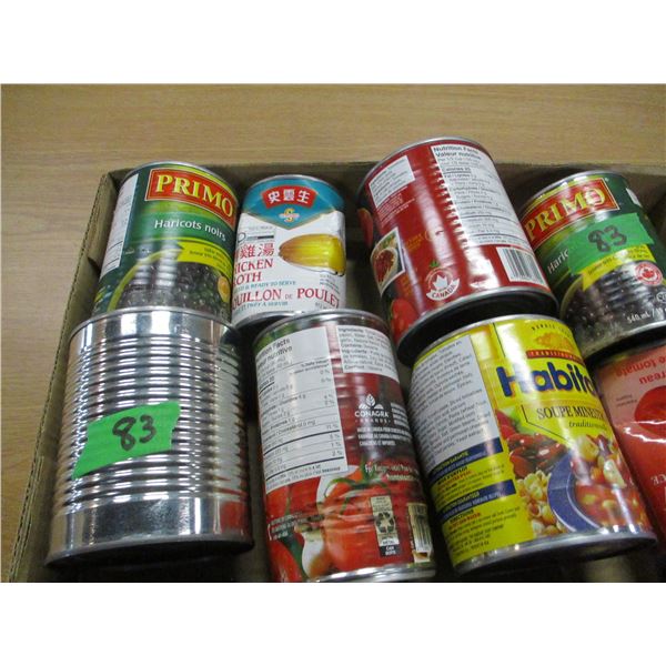 FREIGHT DAMAGE (AS IS):  FLAT C/W 8 CANS CHICKEN BROTH, SOUPS, BEANS, ETC