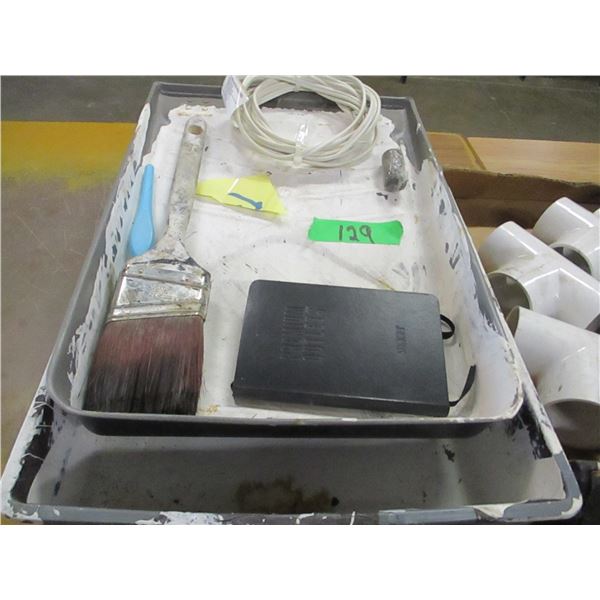 BOX C/W PAINT TRAYS, EXTENSION CORDS, PLASTIC FITTINGS, ETC