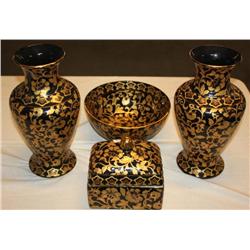 Set of 4 Matching Gold & Black Vases, Bowl, Box