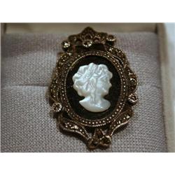 Sterling Pendant Brooch Mother of Pearl & Onyx Cameo w/Marcasites