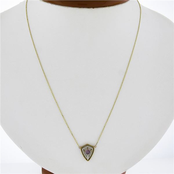 Antique 14k TT Gold Purple Stone Open Work Petite Shield Pendant w/ Cable Chain
