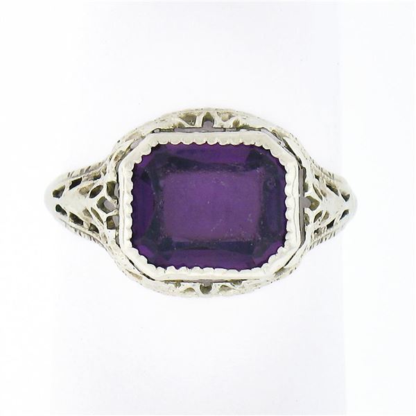 Antique Art Deco 10K Gold Bezel Amethyst Solitaire w/ Open Filigree Petite Ring