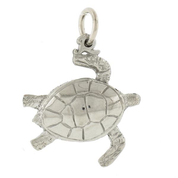 Solid 14K White Gold Detailed Polished Finish Turtle Charm Pendant w/ Bail