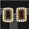Image 2 : Vintage 14K Yellow Gold Cabochon Garnet w/ Seed Pearl Halo Rectangular Earrings