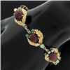 Image 2 : Vintage Gold 6.75" Cabochon Ruby & Turquoise Textured Leaf Link Bracelet