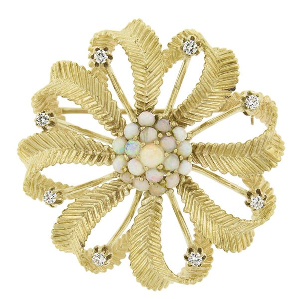 Vintage 14k Yellow Gold 0.28 ctw Diamond & Opal Textured Swirl Flower Pin Brooch