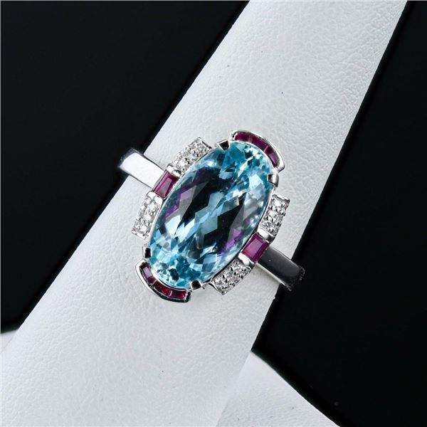 4.13 ctw Aquamarine, 0.44 ctw Ruby and 0.08 ctw Diamond Platinum Ring