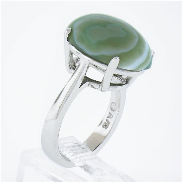 14k White Gold 18x13.2mm Oval Cabochon Prong Set Green Agate Solitaire Ring