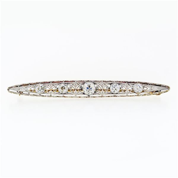 Antique Edwardian Krementz 14k Gold Filigree Milgrain Old Diamond Bar Pin Brooch