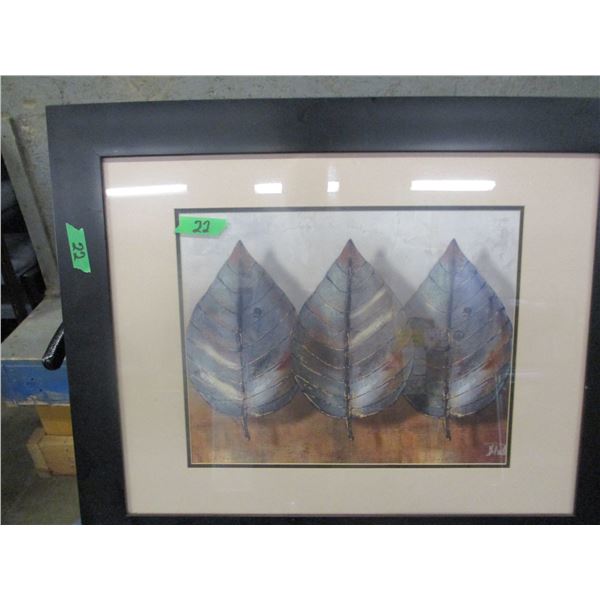 FRAMED PICTURE OF THREE LEAVES (APPROX. 22" X 28") (SIGNED)