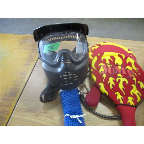 BOX C/W RACKETS, BALLS, MASK, ETC