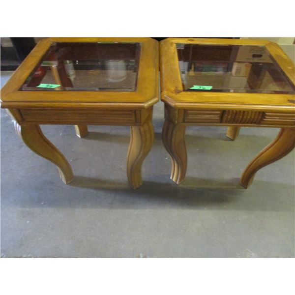 2 GLASS TOP & WOOD END TABLES