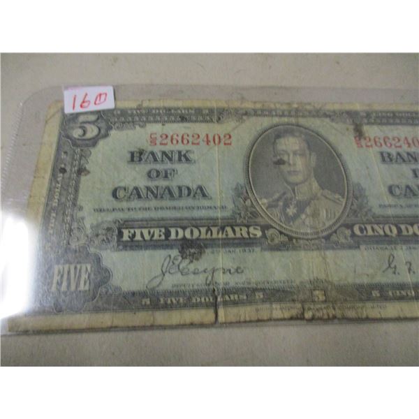 1937 KING GEORGE VI LEGAL TENDER BANK OF CANADA $5 BILL