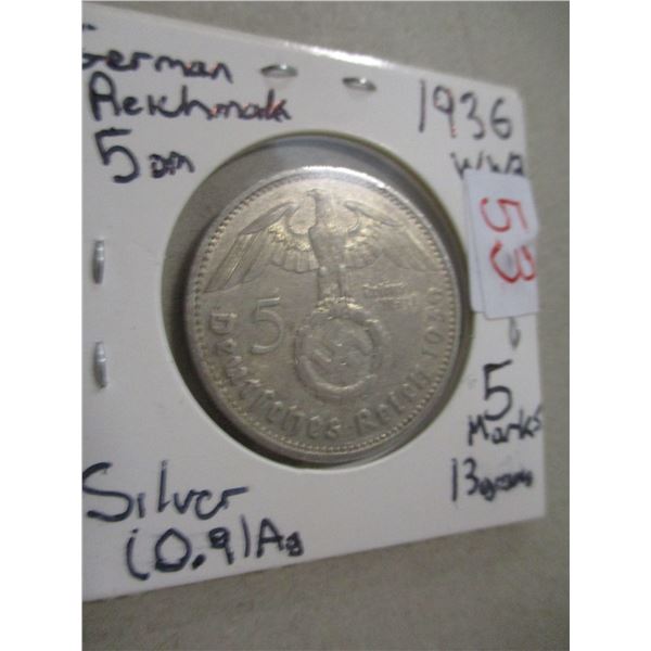 1936 WORLD WAR II GERMAN 5 MARK (0.91 SILVER 13 G)