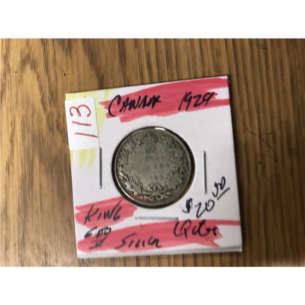 1929 CANADA KING GEORGE V SILVER QUARTER