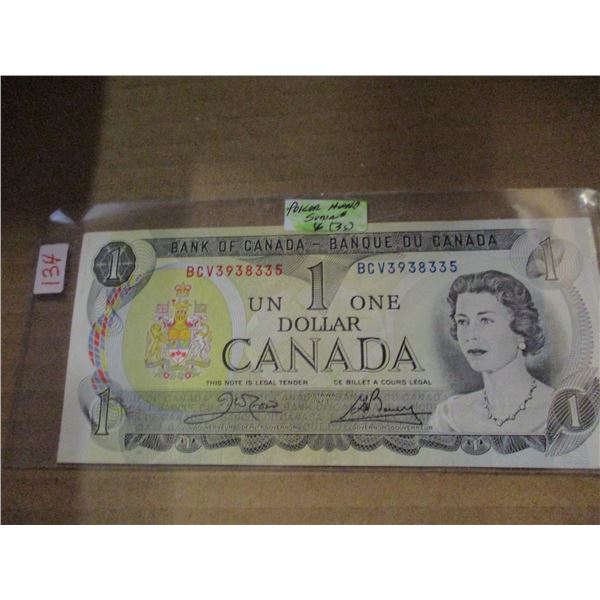 1973 CRISP UNCIRCULATED POKER HAND SERIAL NUMBER LAST OF CANADA $1 BILL