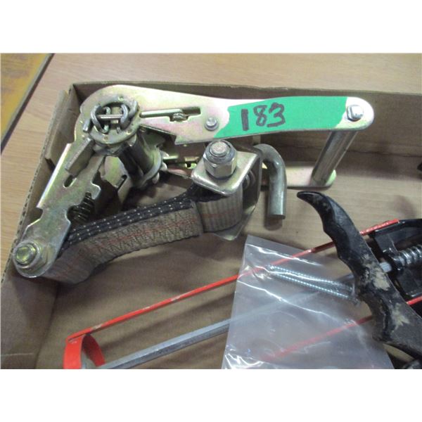 TRAY C/W STRAP RATCHET, CAULKING GUNS, DOOR HANDLES