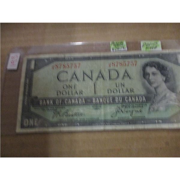 1954 DEVILS FACE POKER HAND SERIAL NUMBER CANADA $1 BILL