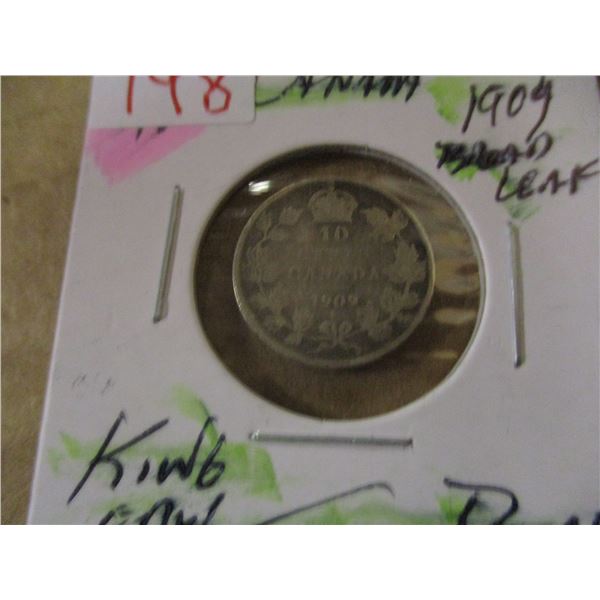 1909 BROAD LEAF KING EDWARD VII CANADA SILVER DIME