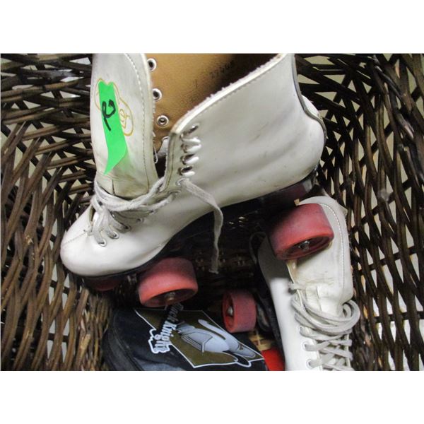 WICKER BASKET, ROLLER BLADES, RACKETS, ETC