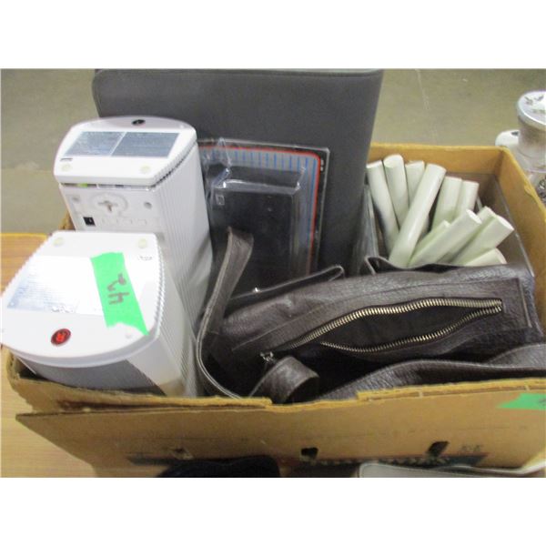 BOX C/W PURSES, SPEAKERS, ETC