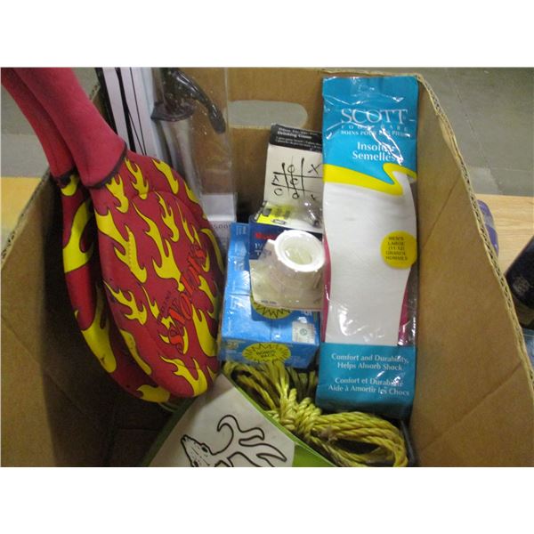 BOX C/W TRIVIAL PURSUIT GAME, HAIR DRYER, CURLING IRON, RACKETS, ETC