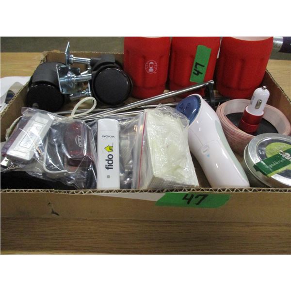 BOX C/W COMPUTER ITEMS, MUG HOLDERS, CASTORS, ETC