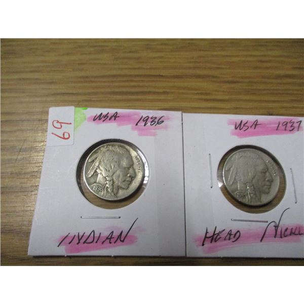 1936 - 1937 USA INDIAN HEAD BUFFALO NICKELS