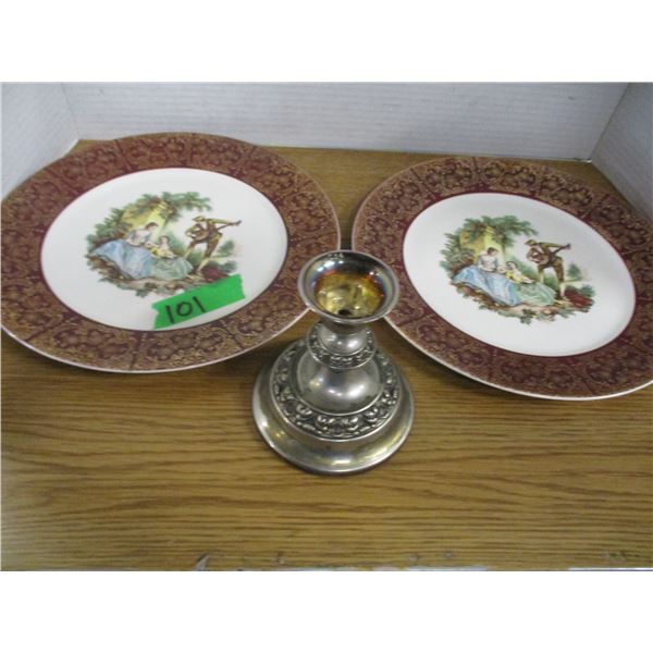 ESTATE:  2 SEABRING POTTERY PLATES (SERENADE), 2 CANDLE HOLDER
