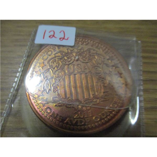 2011 COPPER 999 FINE ONE OZ LIBERTY COIN