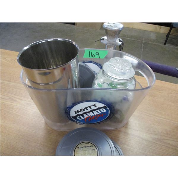 BOX C/W JAR OF PEBBLES, CASES, PLASTIC COOLER, ETC