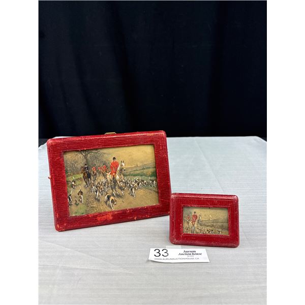 Pair of Vintage Fox Hunt Pictures in Original Red Leather Frames
