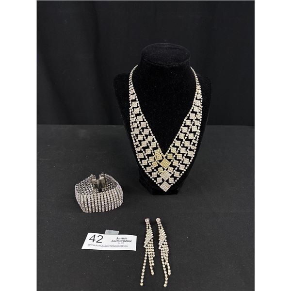 Vintage Huge Runway Rhinestone Necklace, Bracelet, Earrings, Statement