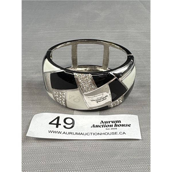 Art Deco White + Black Enamel Hinged Cuff with Rhinestones Quality!